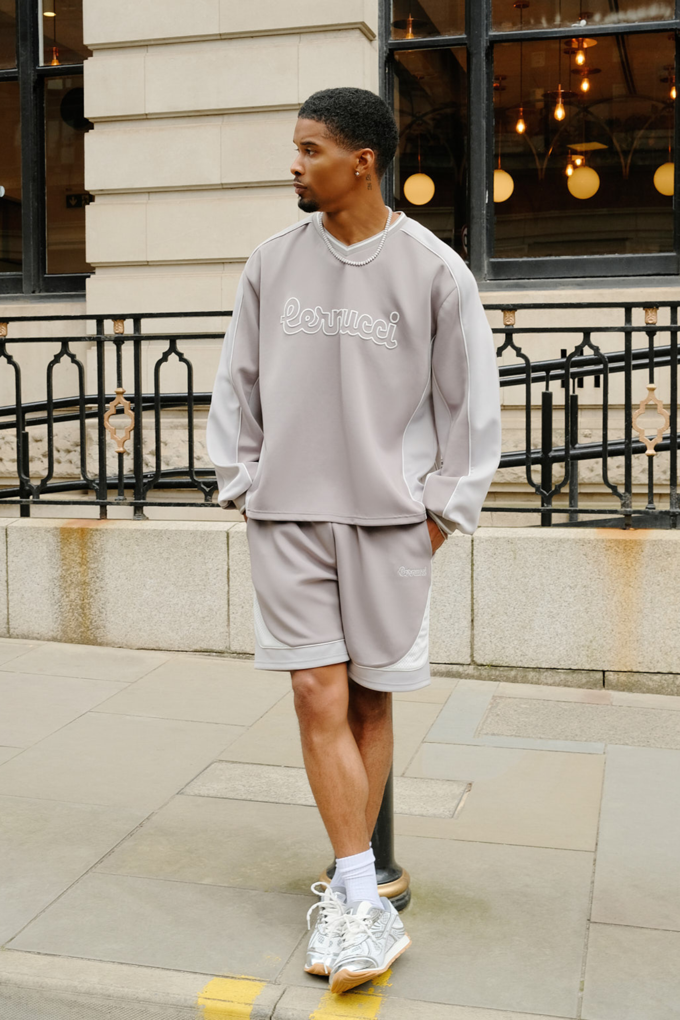 Long Sleeve V Neck Football Top & Relaxed Panelled Short - Light Grey